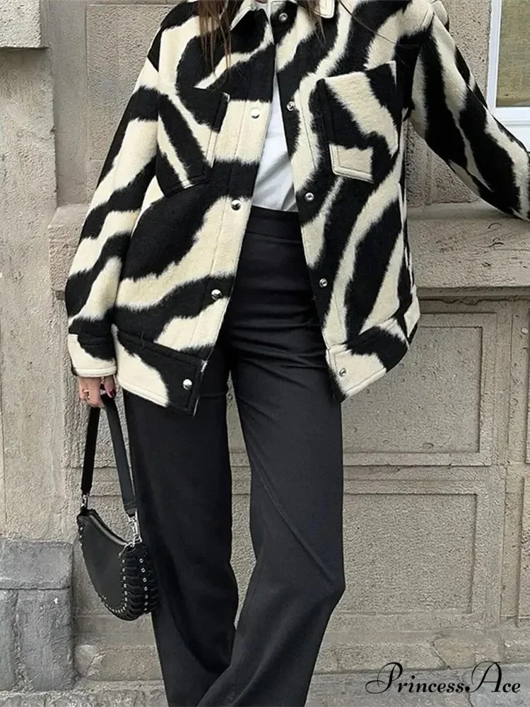 Elegant Zebra Printed Single Breasted Fashion Lapel Long Sleeves Loose Autumn Chic Stylish Coat - Image 3