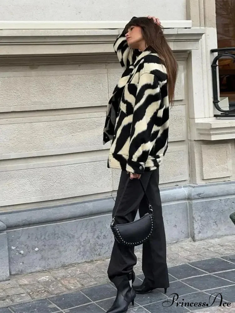 Elegant Zebra Printed Single Breasted Fashion Lapel Long Sleeves Loose Autumn Chic Stylish Coat - Image 5
