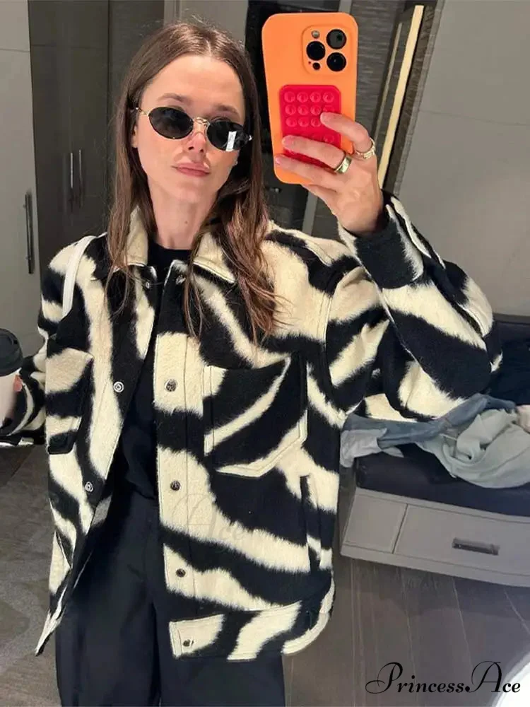 Elegant Zebra Printed Single Breasted Fashion Lapel Long Sleeves Loose Autumn Chic Stylish Coat - Image 7