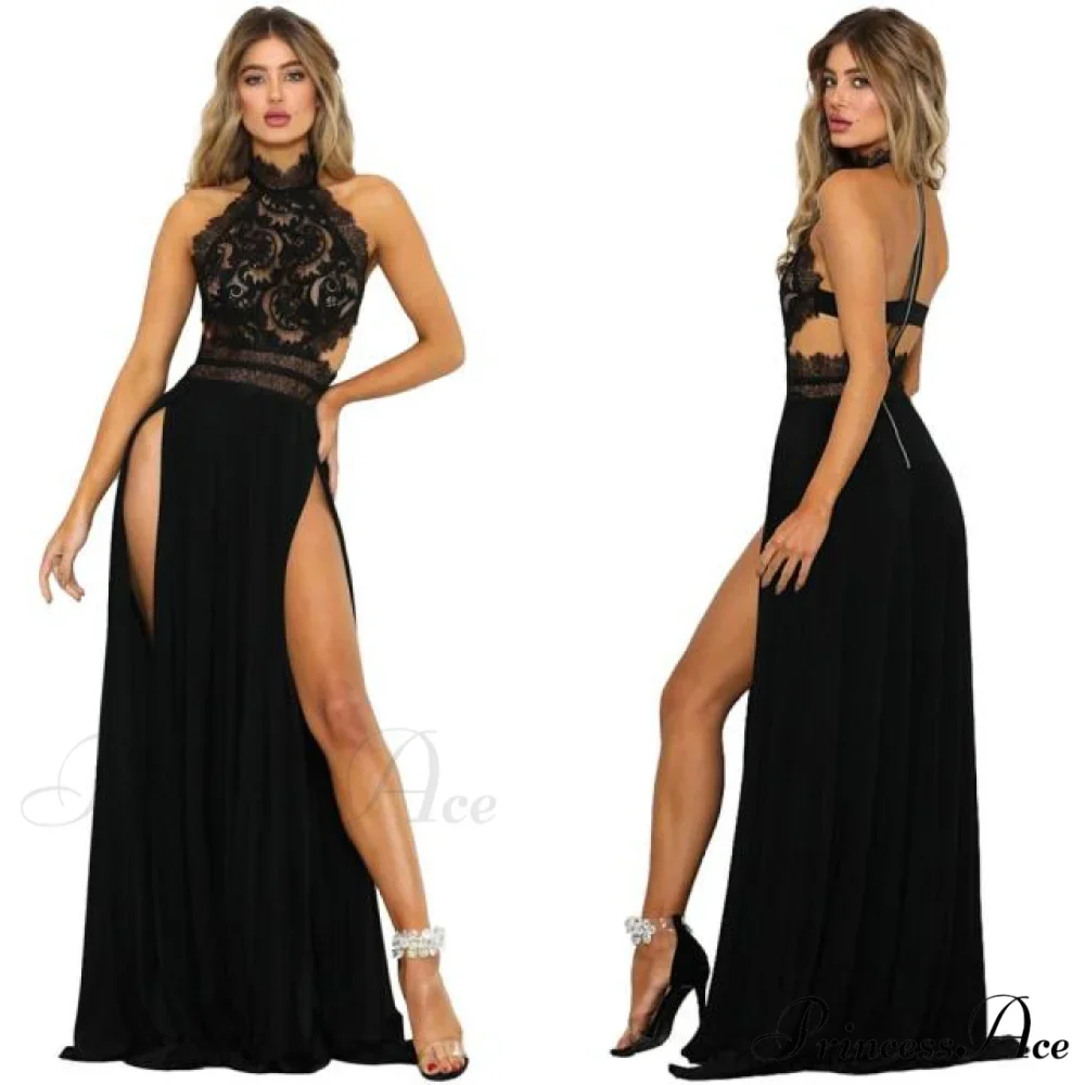 2024 lady's Sexy See-Through lace Nude Back High Slit Dress - Image 7