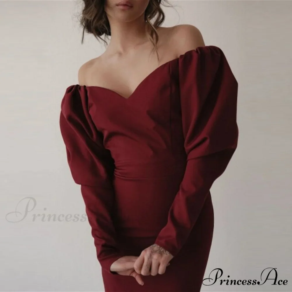 Churses Sexy Puff Sleeve Off The Shoulder Bodycon Dress - Image 4
