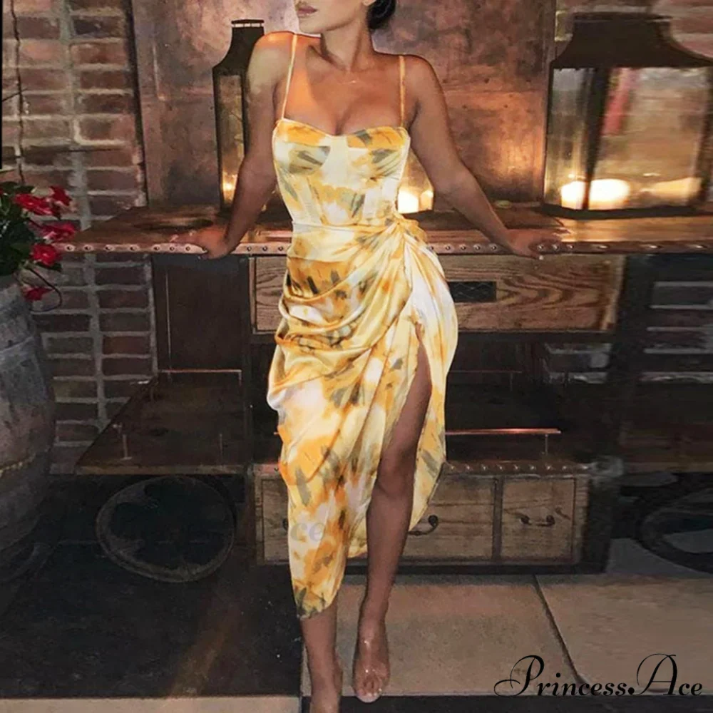 Strap Ruched Side Slit Irregular Hem Midi Dress - Image 2