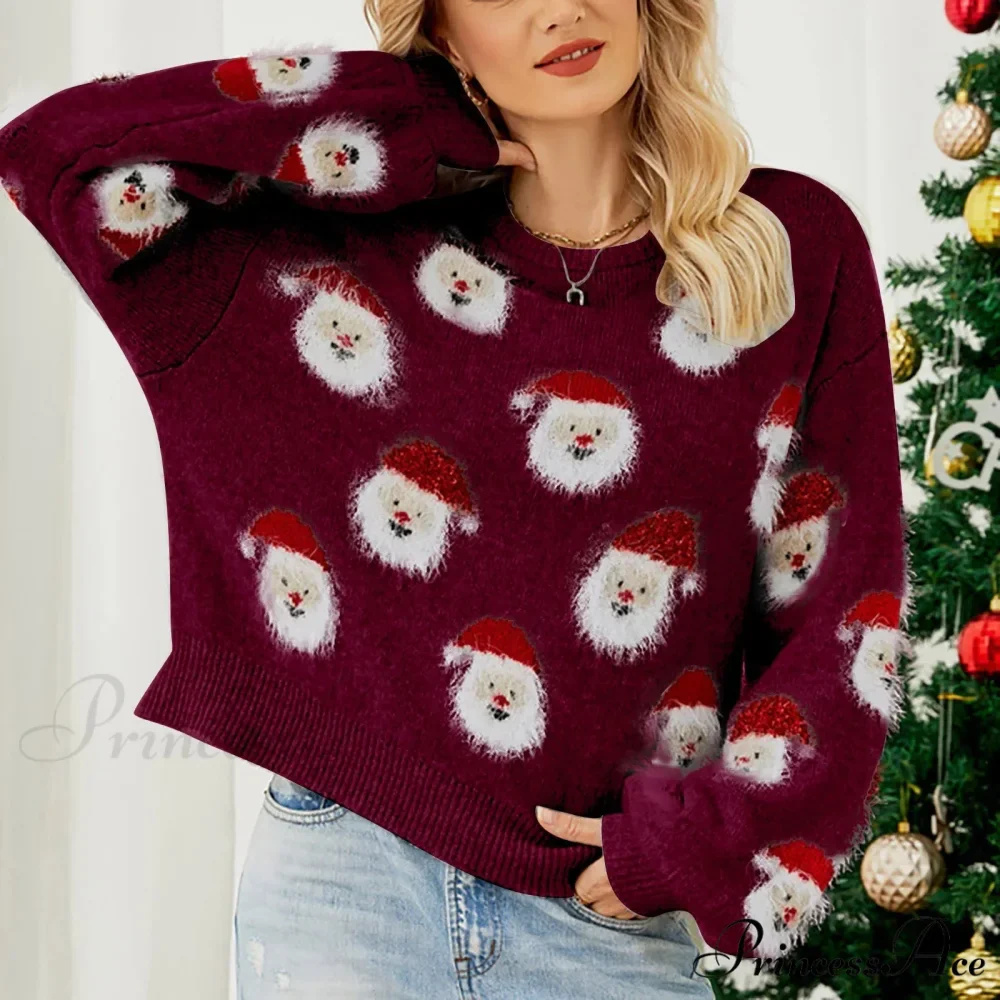 Christmas Cozy Cute Santa Head Round Neck Casual Oversized Warm Winter Sweater - Image 2