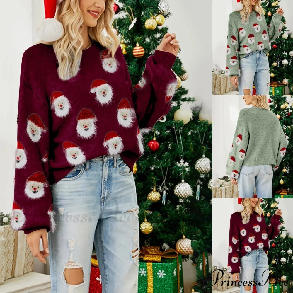 Christmas Cozy Cute Santa Head Round Neck Casual Oversized Warm Winter Sweater - Image 4
