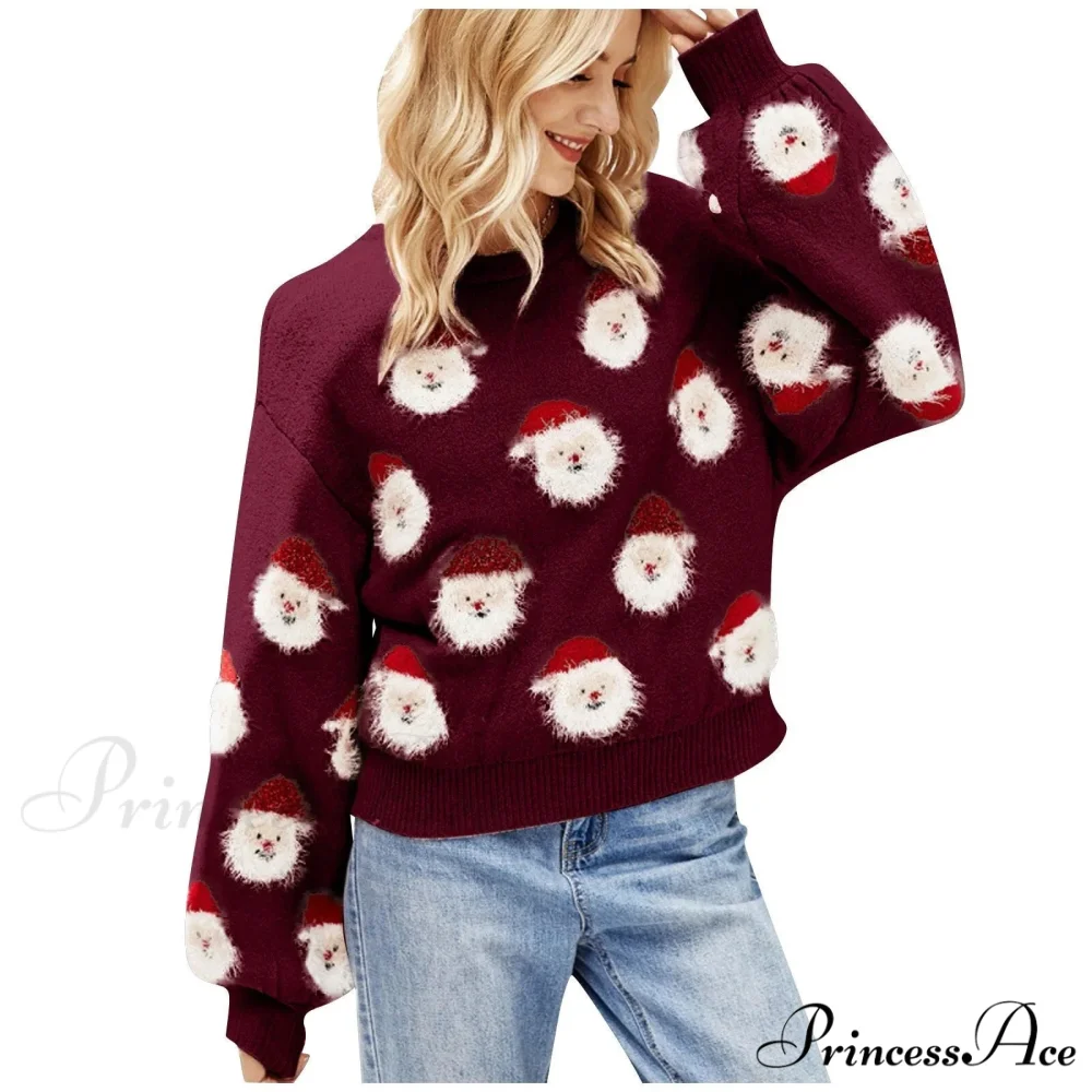 Christmas Cozy Cute Santa Head Round Neck Casual Oversized Warm Winter Sweater - Image 5