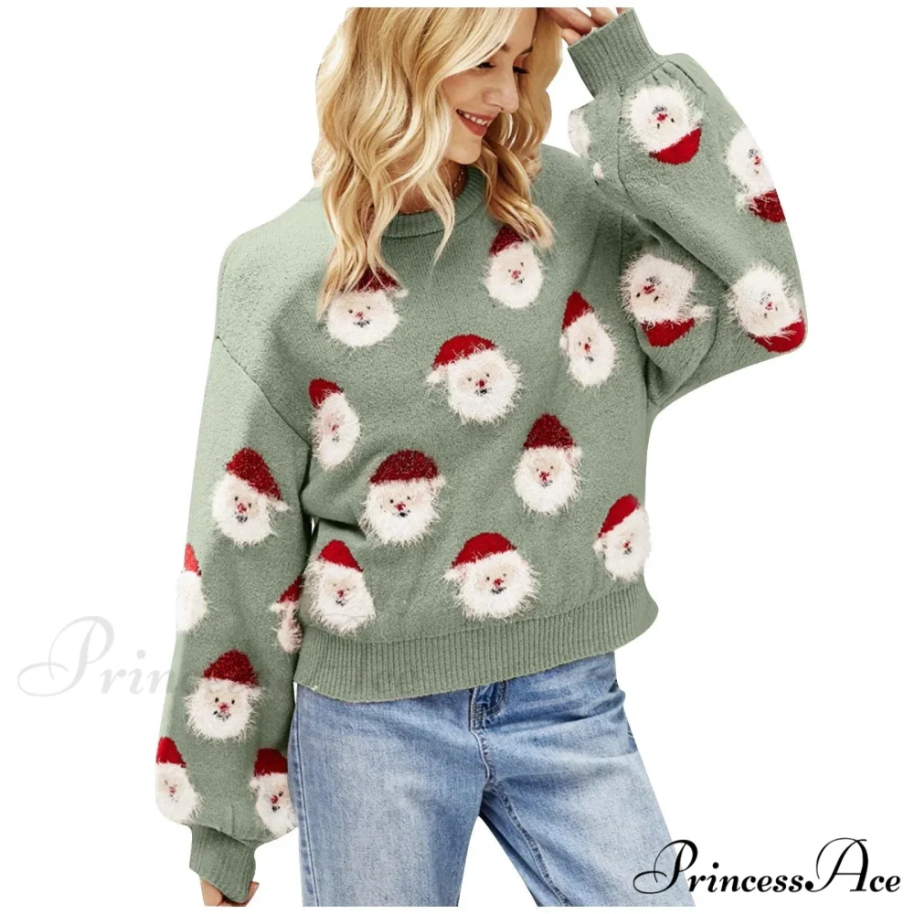 Christmas Cozy Cute Santa Head Round Neck Casual Oversized Warm Winter Sweater - Image 6