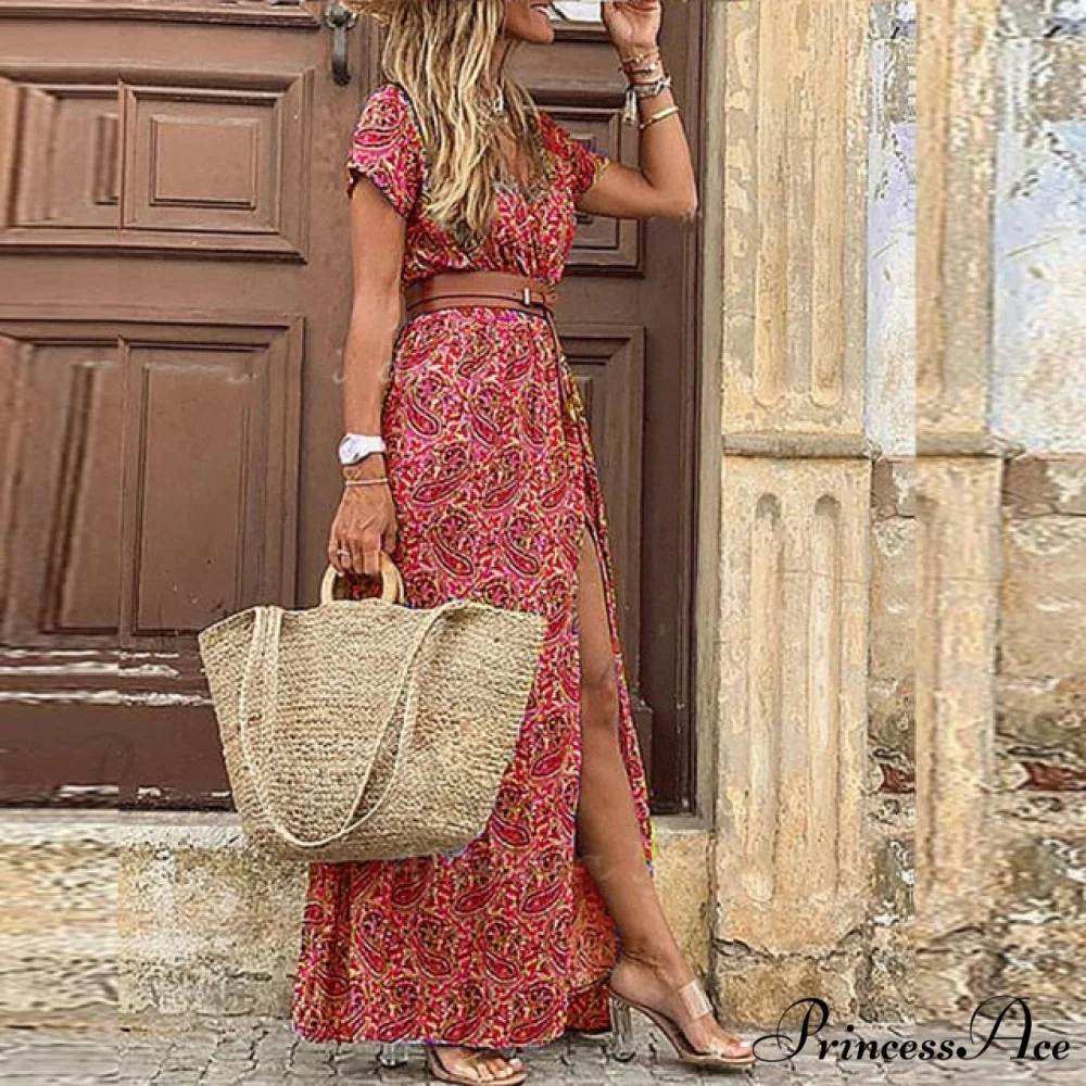 Sexy V-neck Short Sleeve Belted Maxi Dress - Image 4