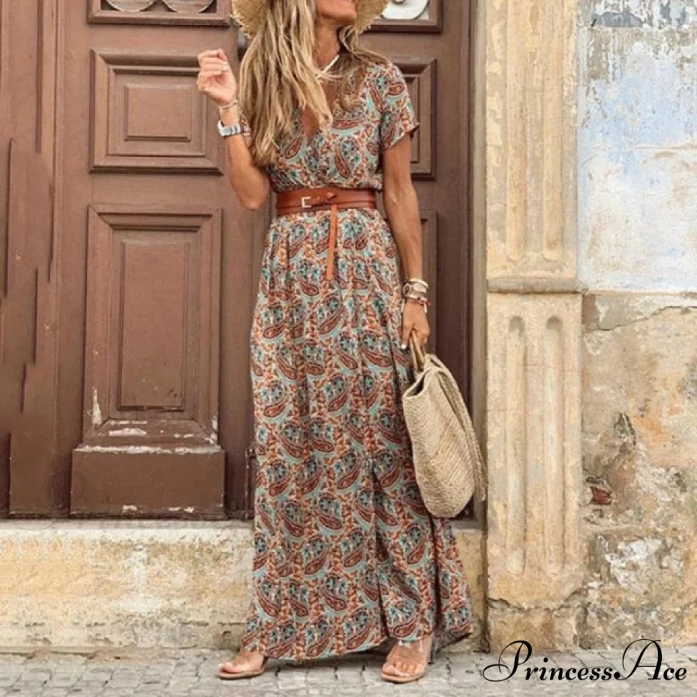 Sexy V-neck Short Sleeve Belted Maxi Dress - Image 5
