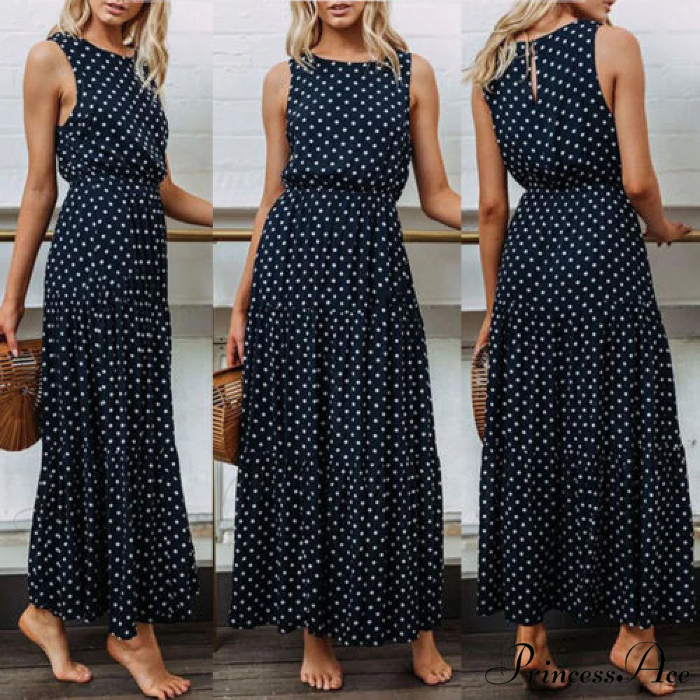Loose Sleeveless Holiday Dot Print Long Maxi Dress - Image 2