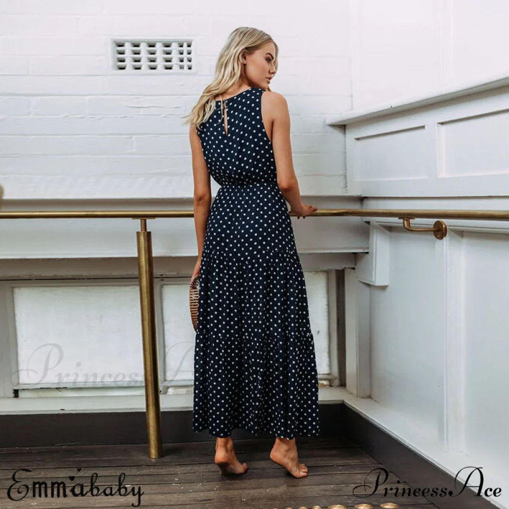 Loose Sleeveless Holiday Dot Print Long Maxi Dress - Image 3