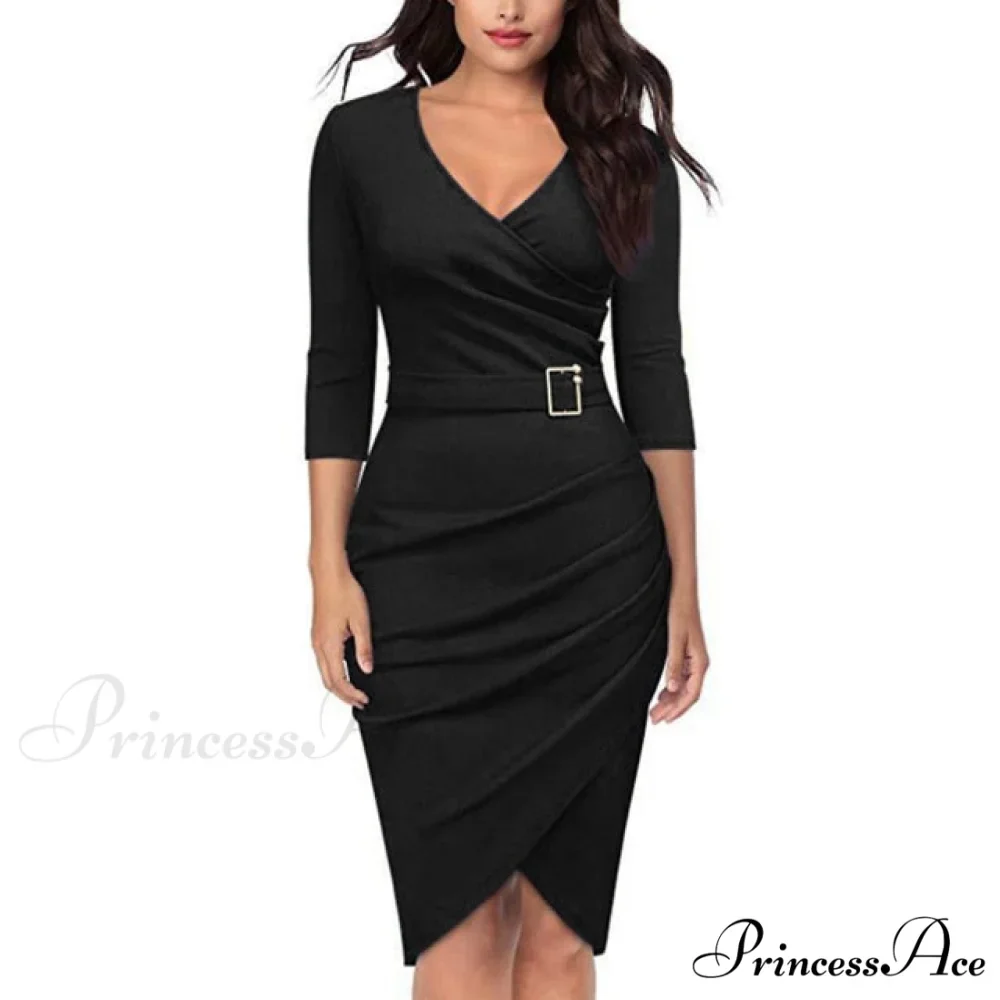 Solid Color V Neck 3/4 Sleeve Pencil Dress - Image 2