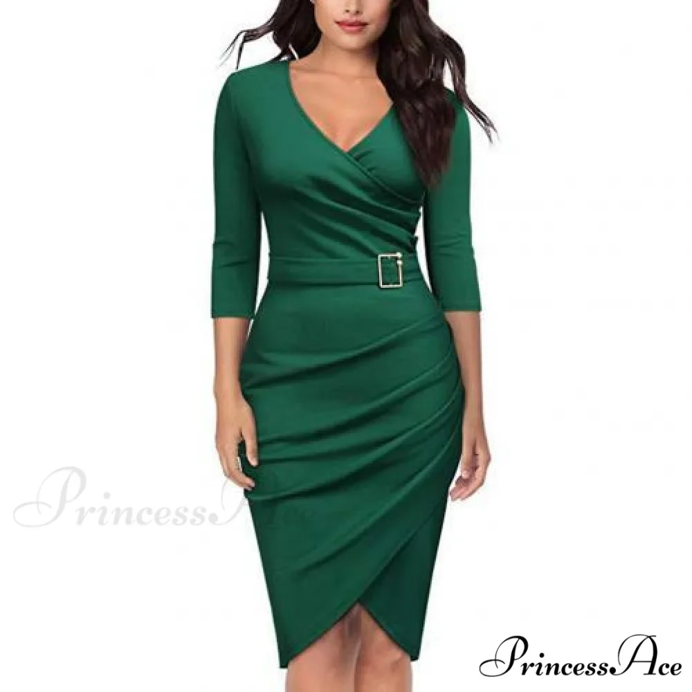 Solid Color V Neck 3/4 Sleeve Pencil Dress - Image 3