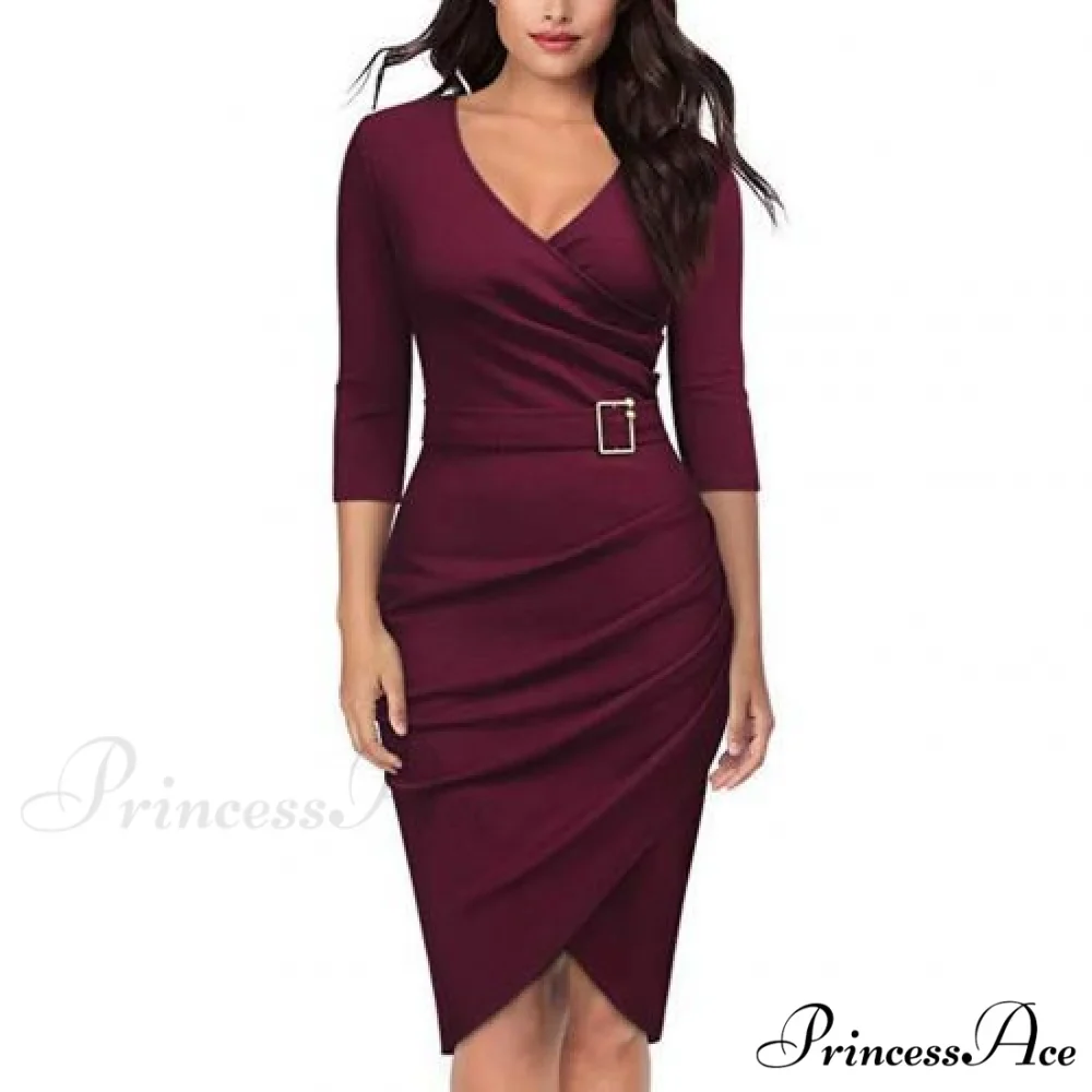 Solid Color V Neck 3/4 Sleeve Pencil Dress - Image 4