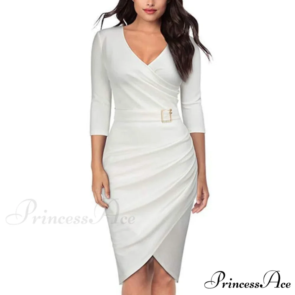 Solid Color V Neck 3/4 Sleeve Pencil Dress - Image 6
