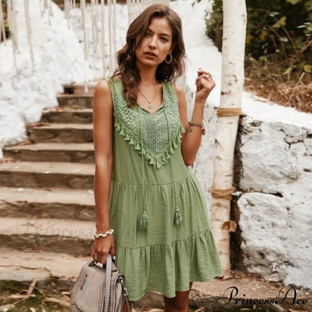 V-neck Casual Sleeveless Solid Boho Dress - Image 3