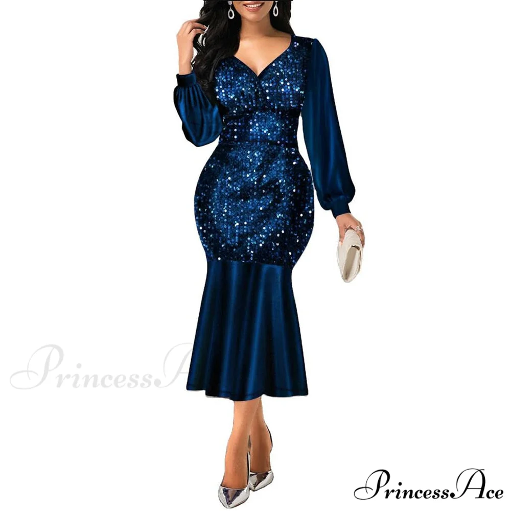 Sexy V Neck Sequin Evening Wedding Party Dress