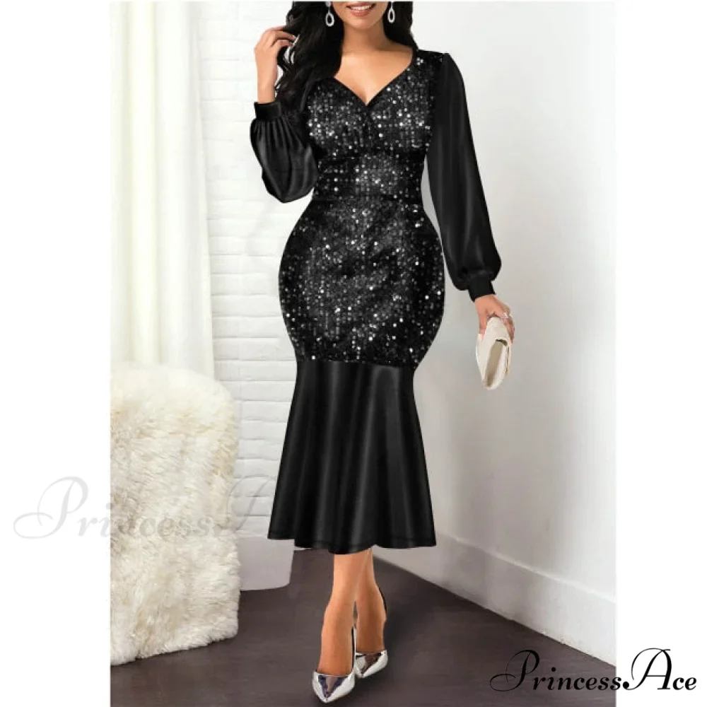 Sexy V Neck Sequin Evening Wedding Party Dress - Image 4