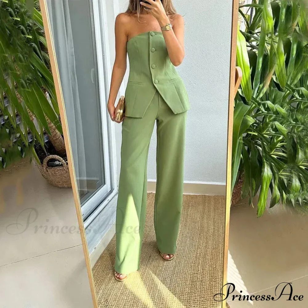 Strapless Button Top Long Pants Slim Party Sleeveless Suit - Image 2