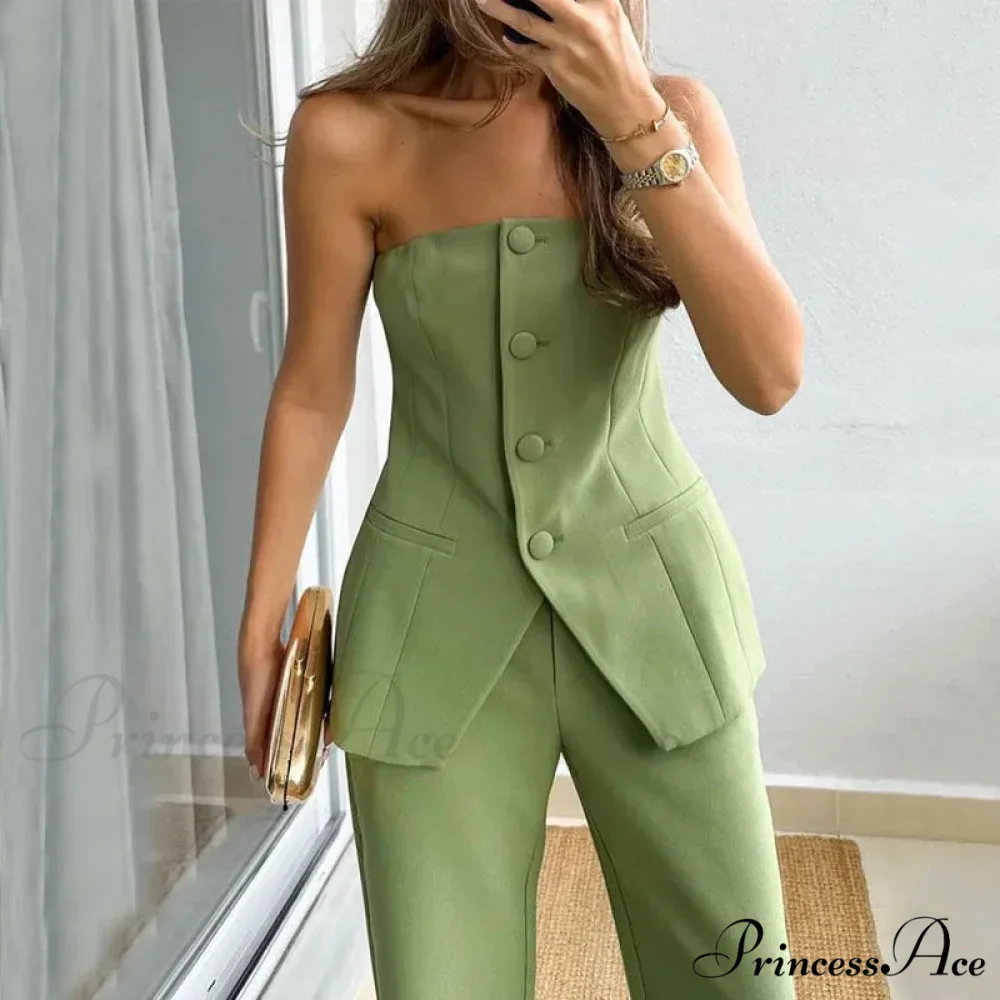 Strapless Button Top Long Pants Slim Party Sleeveless Suit - Image 4