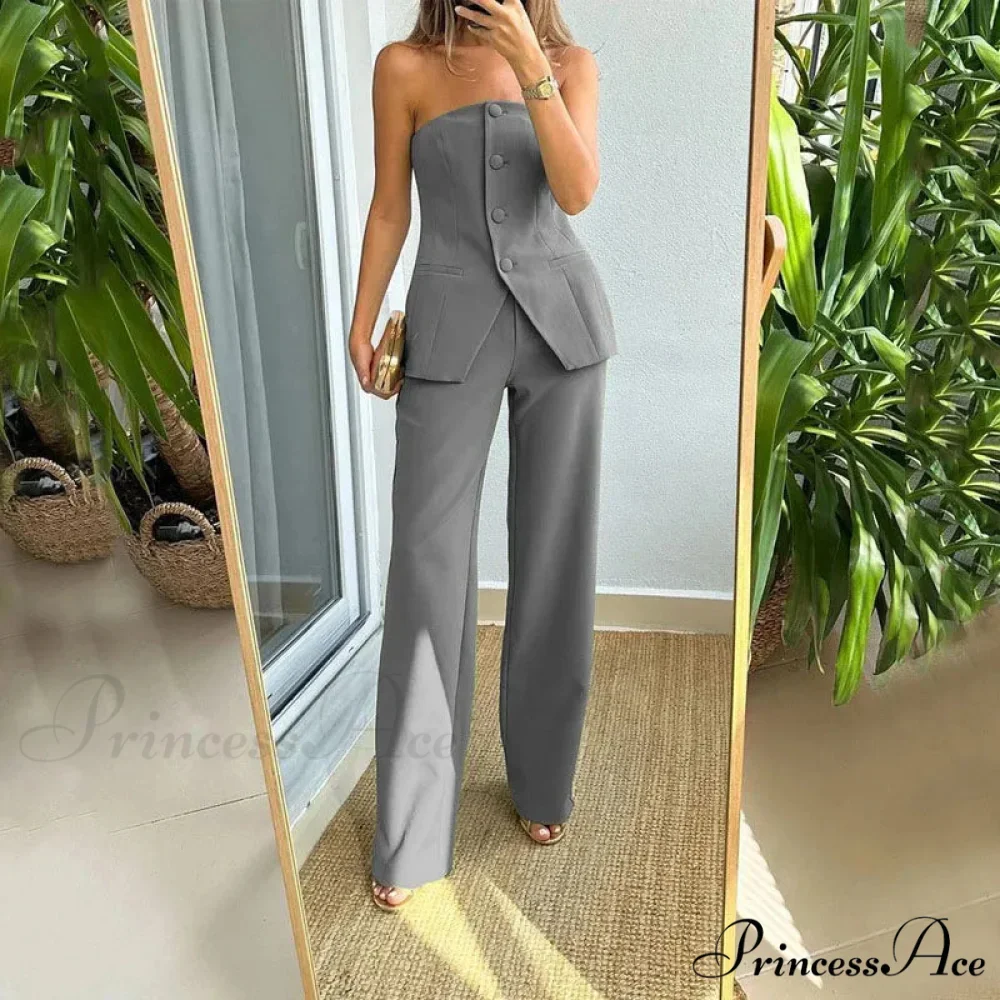 Strapless Button Top Long Pants Slim Party Sleeveless Suit - Image 5