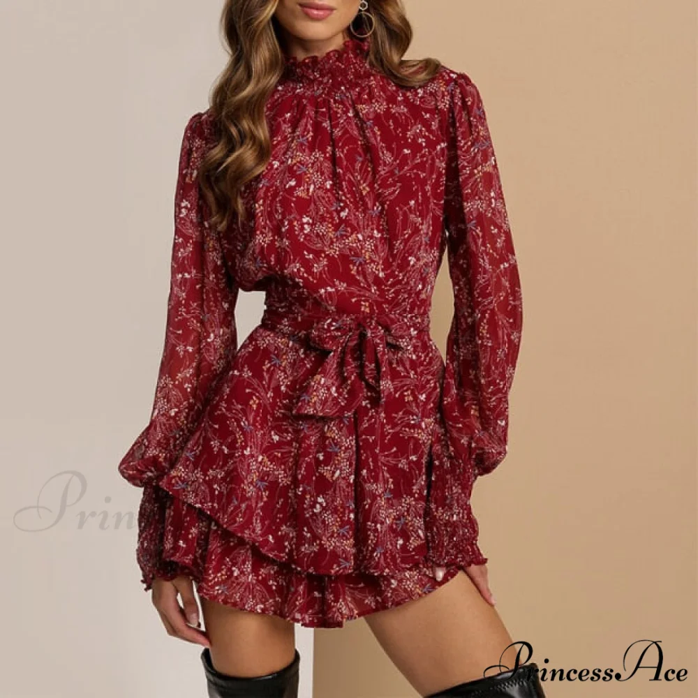 Turtleneck Long Sleeve Chiffon A Line Dress - Image 3