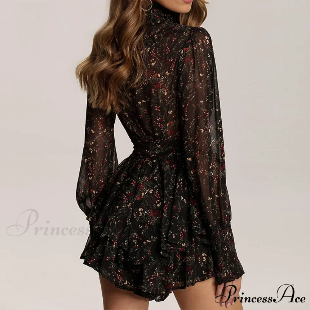Turtleneck Long Sleeve Chiffon A Line Dress - Image 5