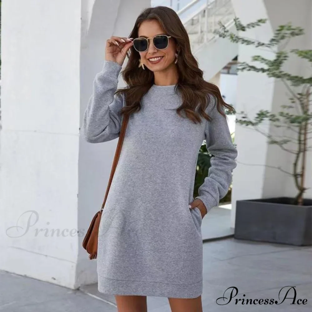 Solid Color Round Neck Long Sleeve Dress - Image 5