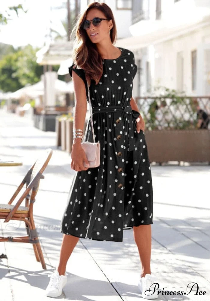 Fashion O Neck Print Polka Dot Dress - Image 4