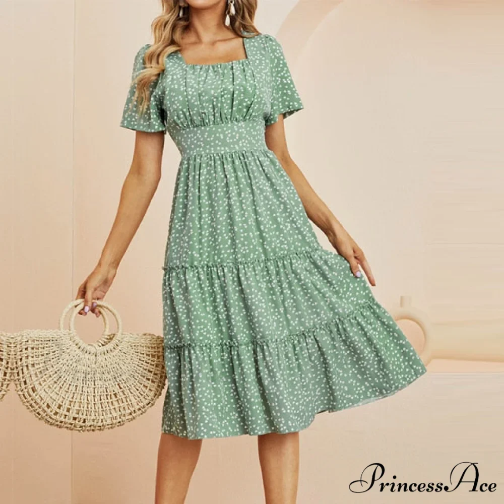 Casual Short Sleeve Square Collar Ruffles Chiffon Dress - Image 4