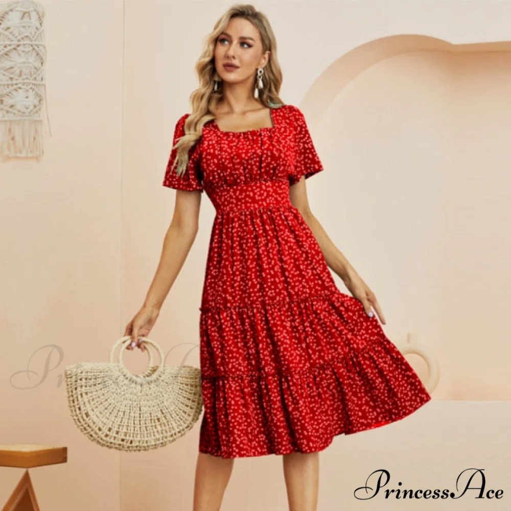 Casual Short Sleeve Square Collar Ruffles Chiffon Dress - Image 5