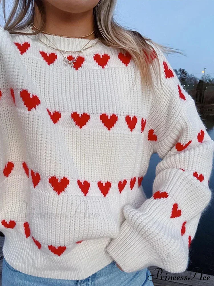 Casual Cozy Heart Print Loose O-neck Long Sleeve Stylish Warm Sweater - Image 2
