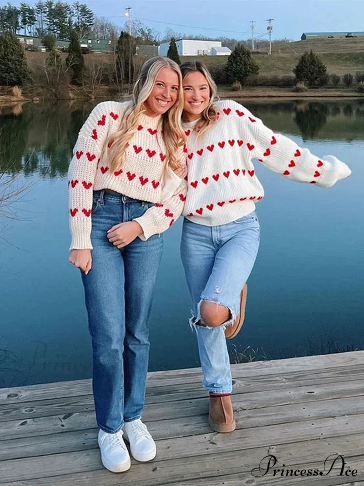 Casual Cozy Heart Print Loose O-neck Long Sleeve Stylish Warm Sweater - Image 3