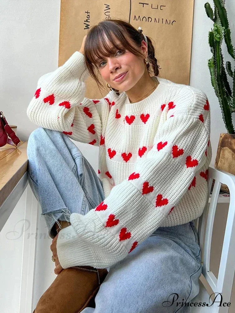 Casual Cozy Heart Print Loose O-neck Long Sleeve Stylish Warm Sweater - Image 4