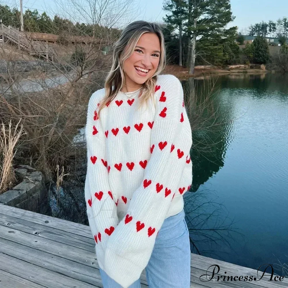 Casual Cozy Heart Print Loose O-neck Long Sleeve Stylish Warm Sweater - Image 7