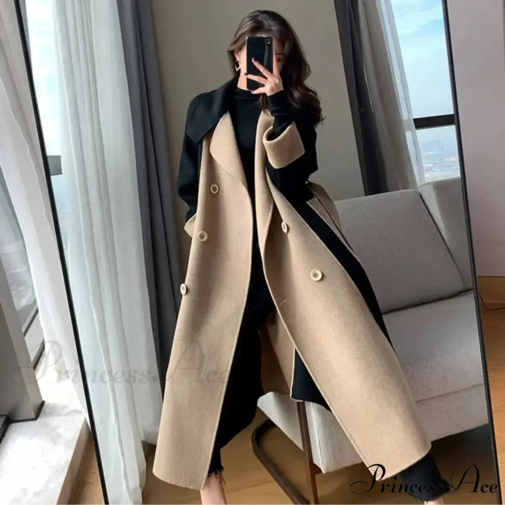 Chic Woolen Patchwork Double-breasted Anti-wrinkle Lapel Winter High Sense Stylish Coat - Image 2