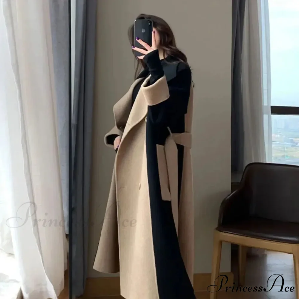 Chic Woolen Patchwork Double-breasted Anti-wrinkle Lapel Winter High Sense Stylish Coat - Image 3