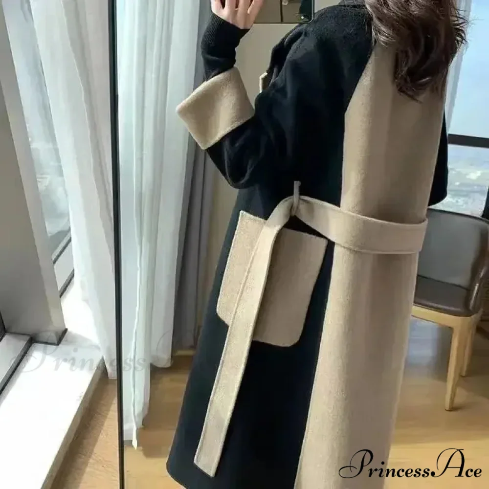 Chic Woolen Patchwork Double-breasted Anti-wrinkle Lapel Winter High Sense Stylish Coat - Image 4