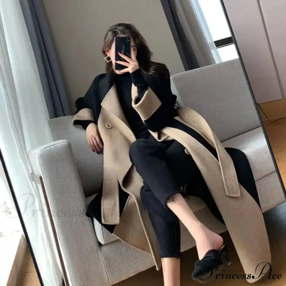 Chic Woolen Patchwork Double-breasted Anti-wrinkle Lapel Winter High Sense Stylish Coat - Image 5