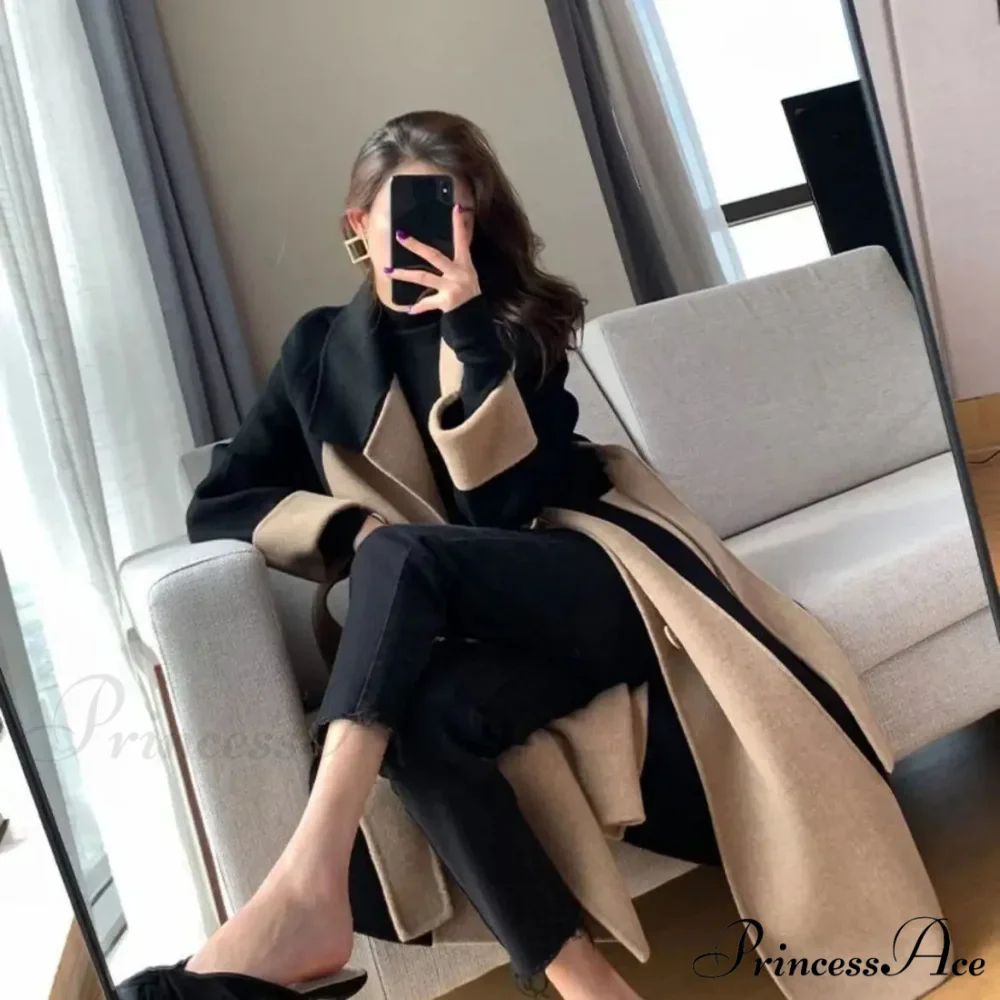 Chic Woolen Patchwork Double-breasted Anti-wrinkle Lapel Winter High Sense Stylish Coat - Image 6