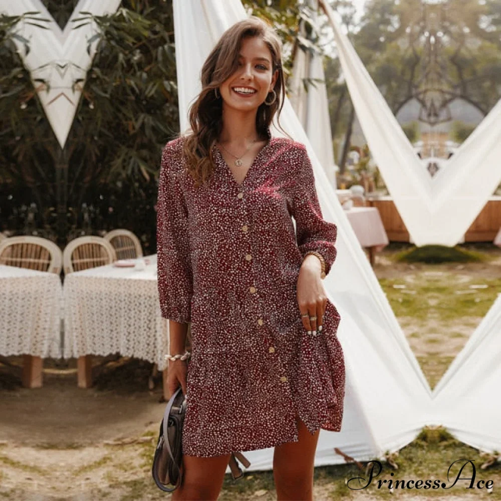 Print Mini V-neck Three Quarter Sleeve Dress - Image 4