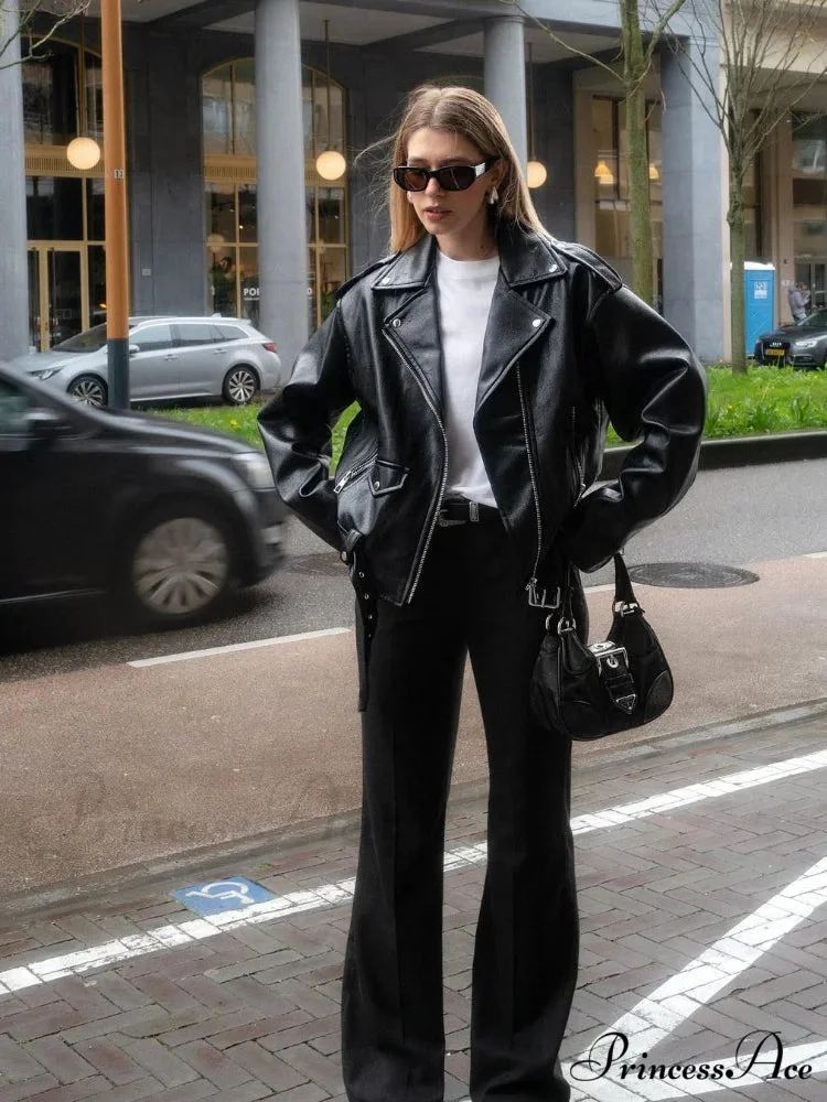 Chic Zipper Collar Leather Fashion Long Sleeved Pocket Black Autumn Stylish Coat - Image 2