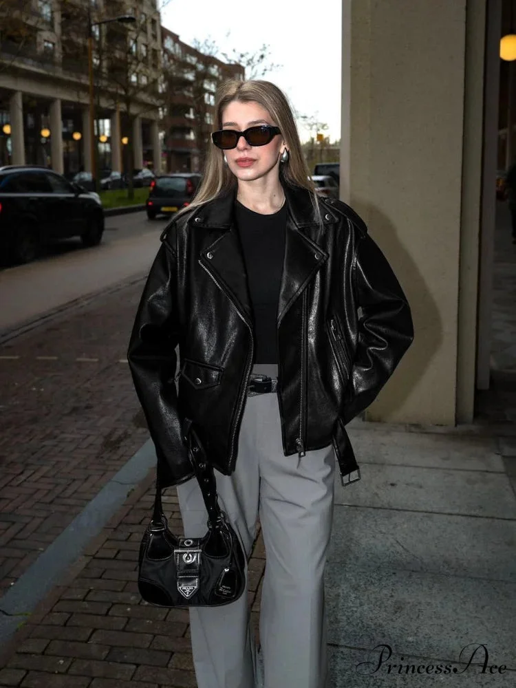 Chic Zipper Collar Leather Fashion Long Sleeved Pocket Black Autumn Stylish Coat - Image 3