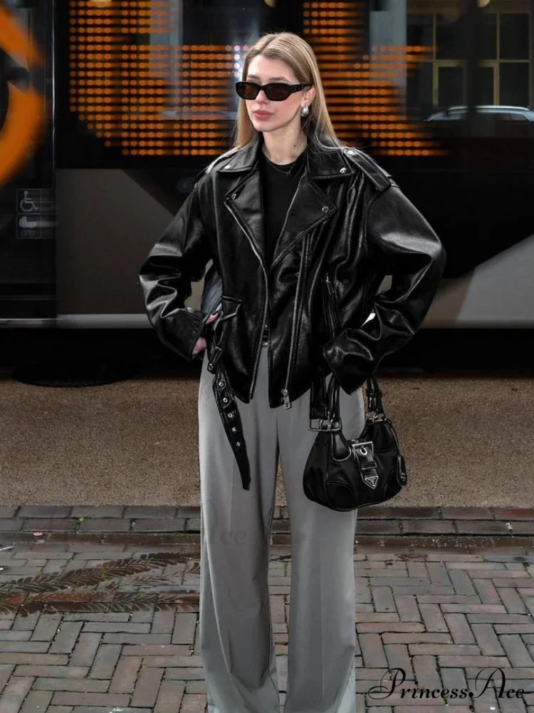 Chic Zipper Collar Leather Fashion Long Sleeved Pocket Black Autumn Stylish Coat - Image 4