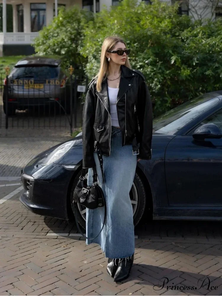 Chic Zipper Collar Leather Fashion Long Sleeved Pocket Black Autumn Stylish Coat - Image 6