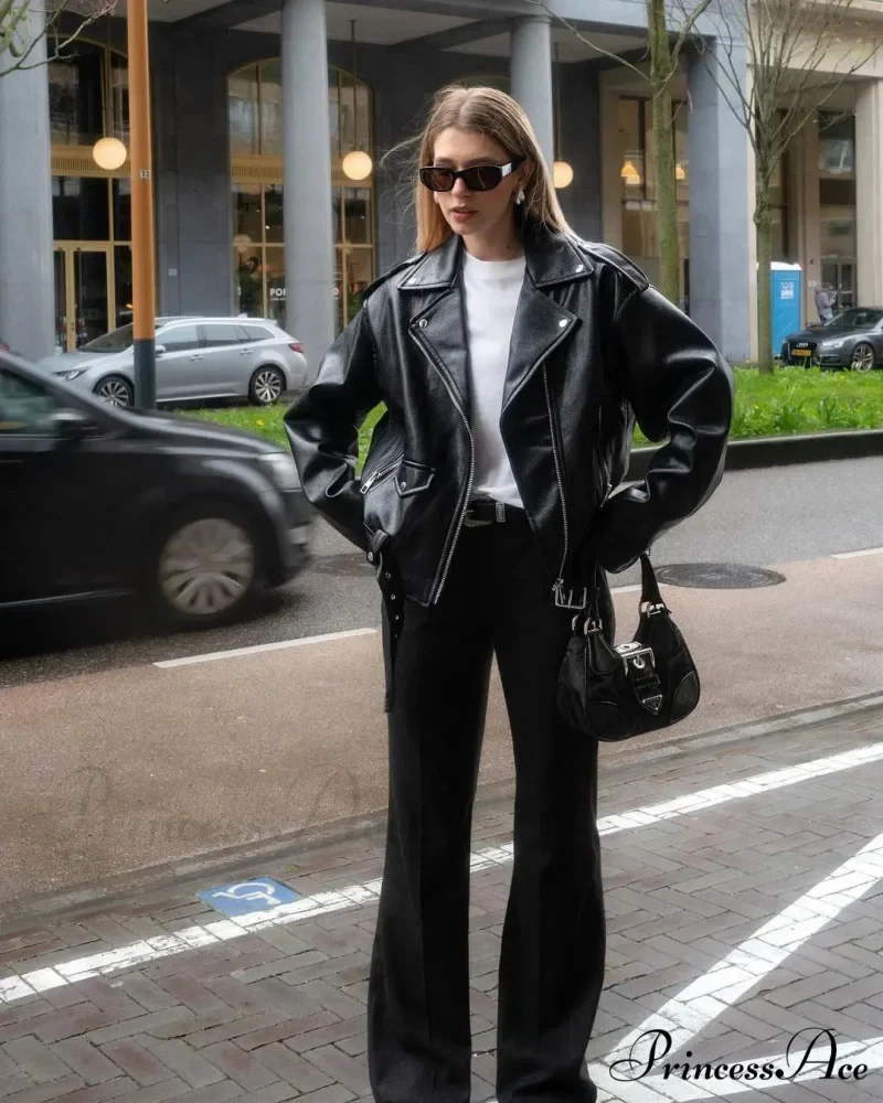 Chic Zipper Collar Leather Fashion Long Sleeved Pocket Black Autumn Stylish Coat - Image 7