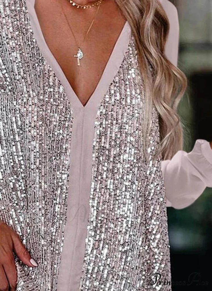 Elegant Long Sleeve Sequin Blouses Shirt - Image 2