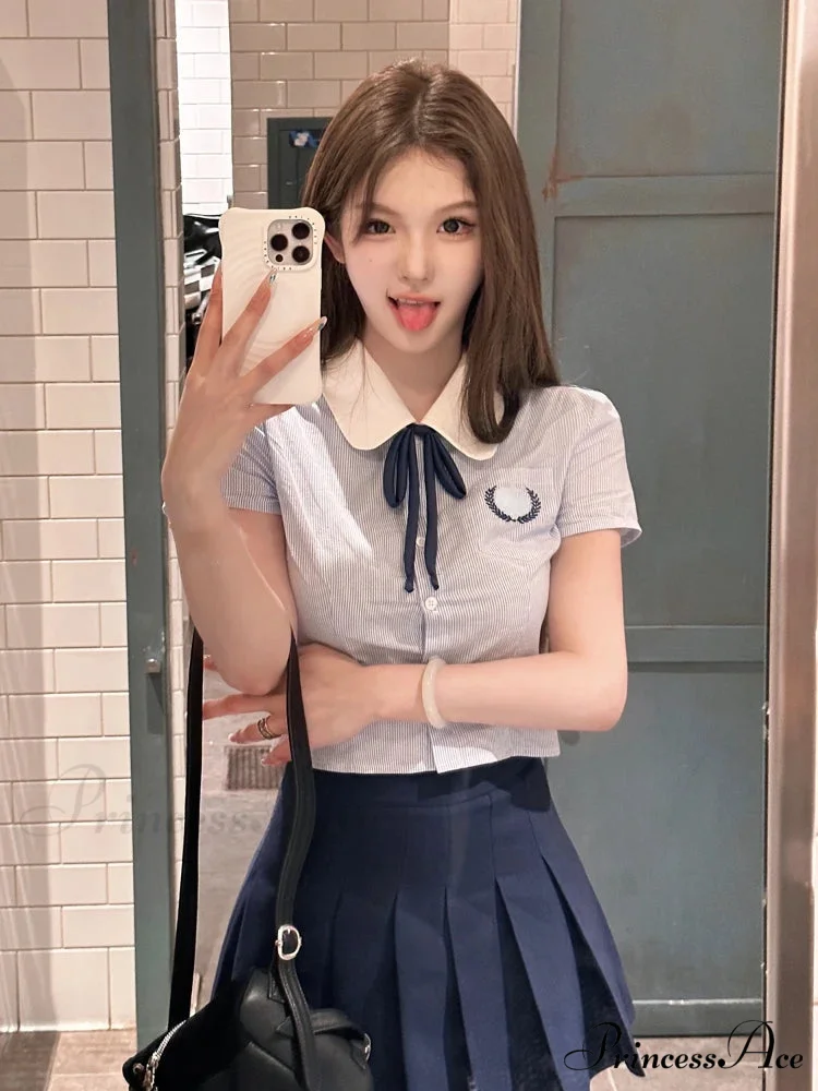 Preppy Style Short Sleeve Pleated Skirt Japanese Kawaii Summer Suit - Image 3
