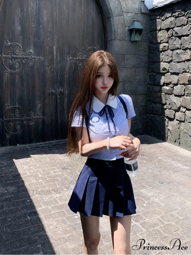 Preppy Style Short Sleeve Pleated Skirt Japanese Kawaii Summer Suit - Image 4