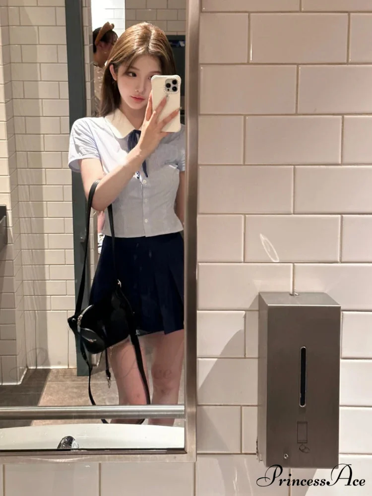 Preppy Style Short Sleeve Pleated Skirt Japanese Kawaii Summer Suit - Image 6