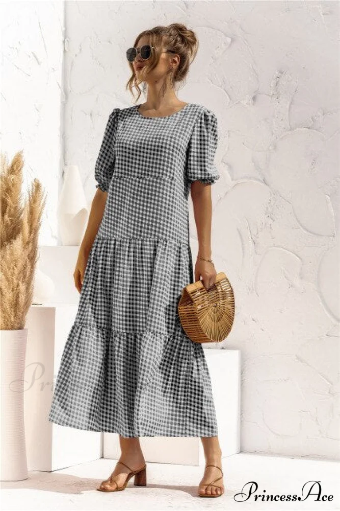 Polka Dot Plaid Print Robe Maxi Dress - Image 7